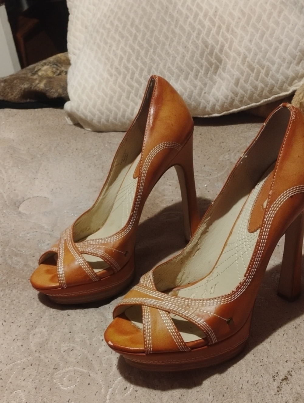 Max Studio Tan Crisscross Open-Toe Platform Pumps